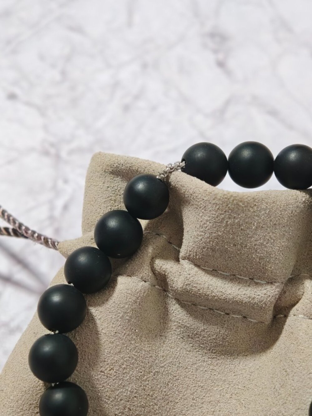 Black Onyx Bead Bracelet with Sterling Silver Cable Barrel, Adjustable - Picture 4 of 8